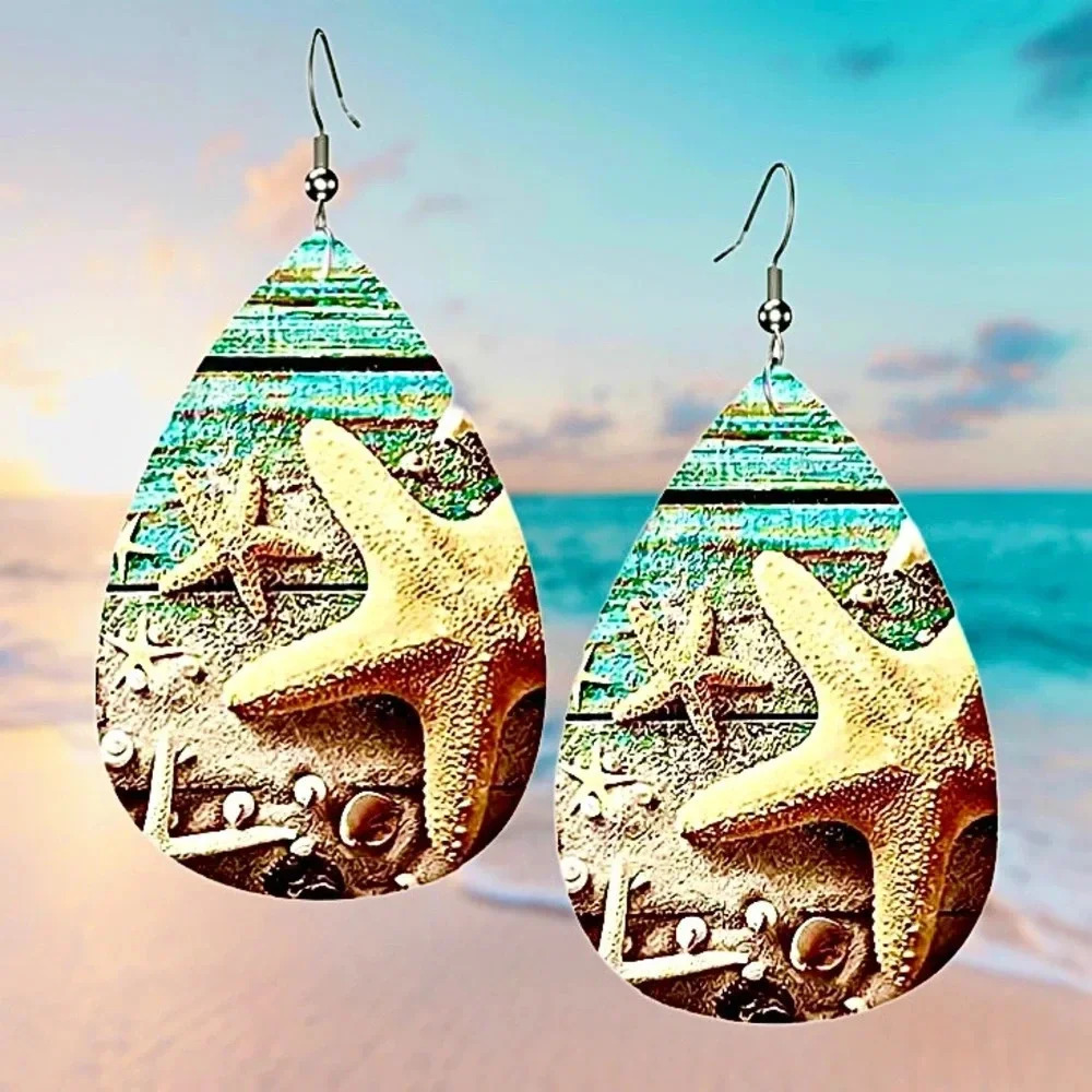 Starfish Beach Boardwalk Faux Leather Teardrop Dangle Earrings NEW